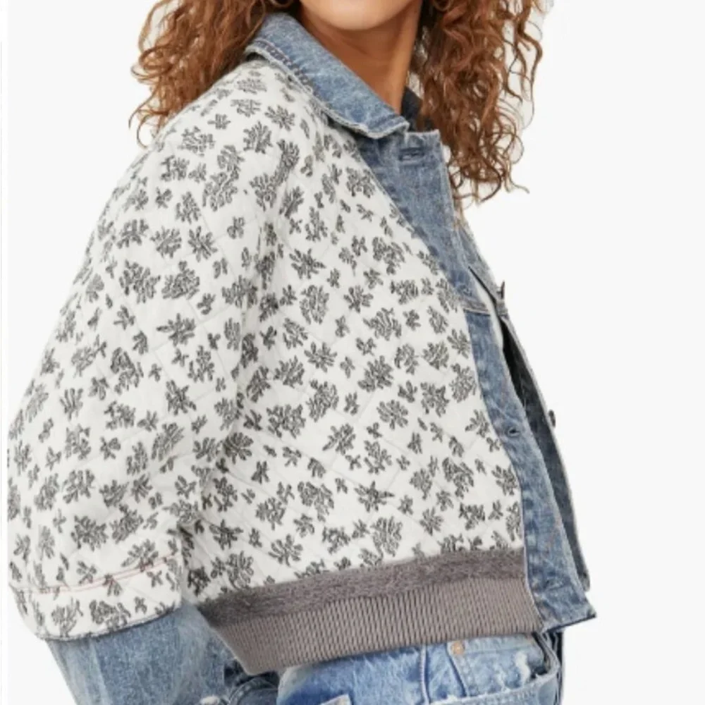 Free People Ditsy Denim Mixed Fabric Quilted Jacket SZ M / L Blue Off White - Picture 5 of 12